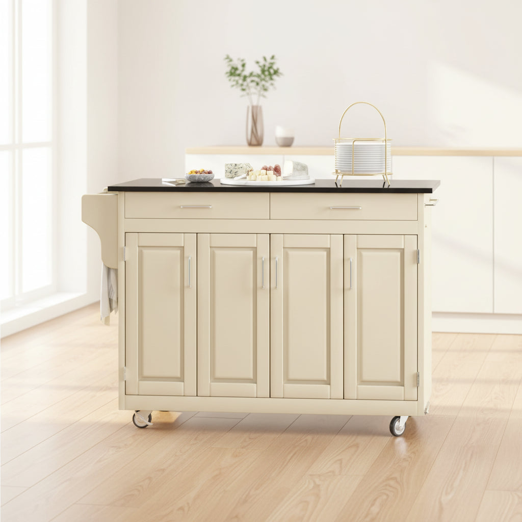 Desserte de cuisine blanche avec plateau en granit/marbre noir – Desserte de rangement roulante individuelle