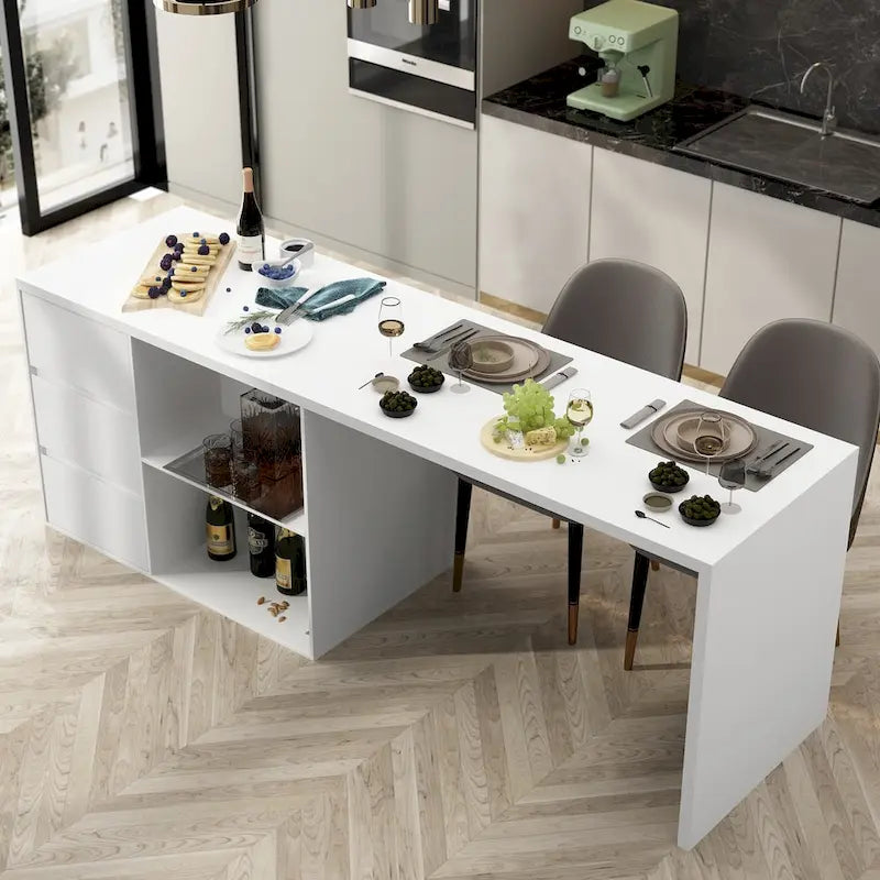 Îlot de cuisine blanc double face avec rangement, pour 6 à 8 personnes, 210 cm