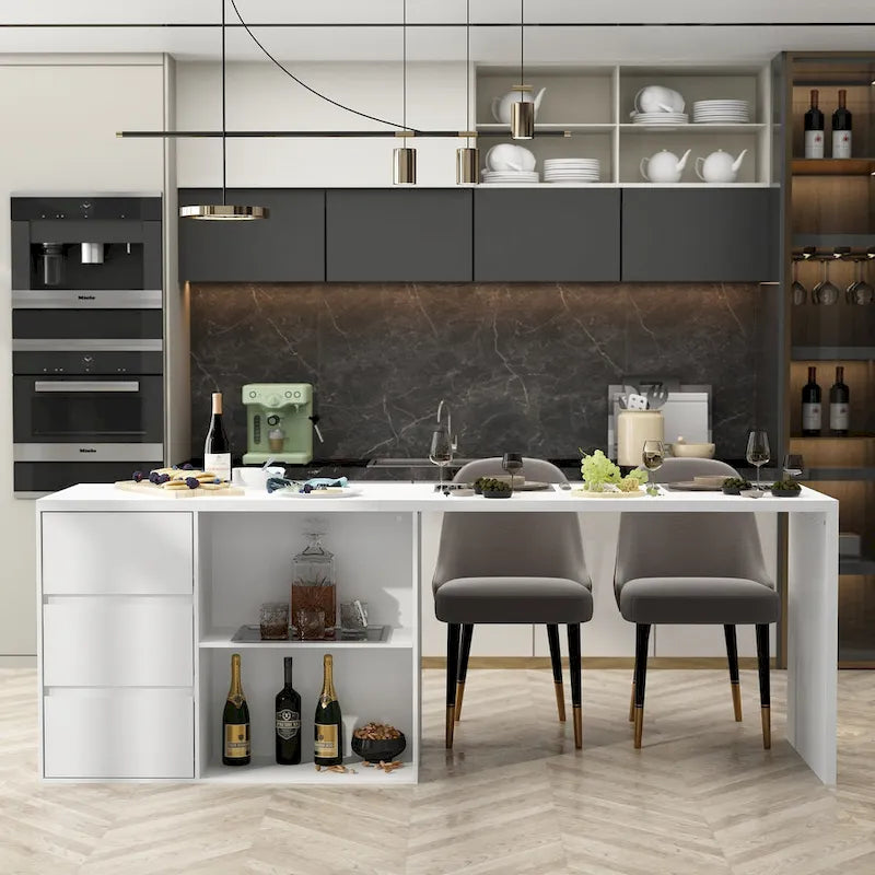 Îlot de cuisine blanc double face avec rangement, pour 6 à 8 personnes, 210 cm