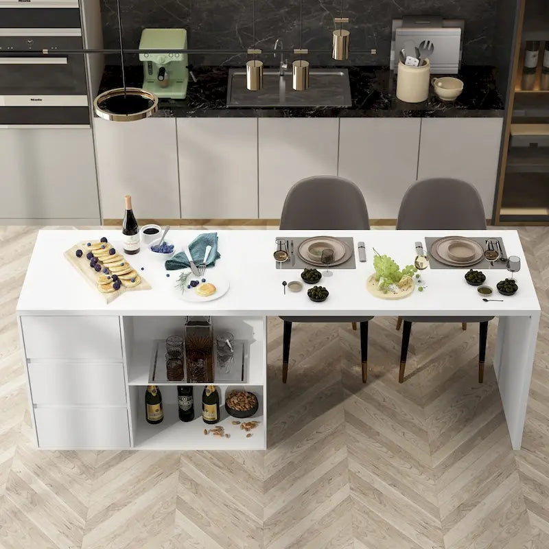 Îlot de cuisine blanc double face avec rangement, pour 6 à 8 personnes, 210 cm