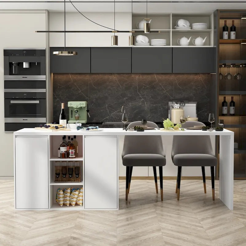 Îlot de cuisine blanc double face avec rangement, pour 6 à 8 personnes, 210 cm