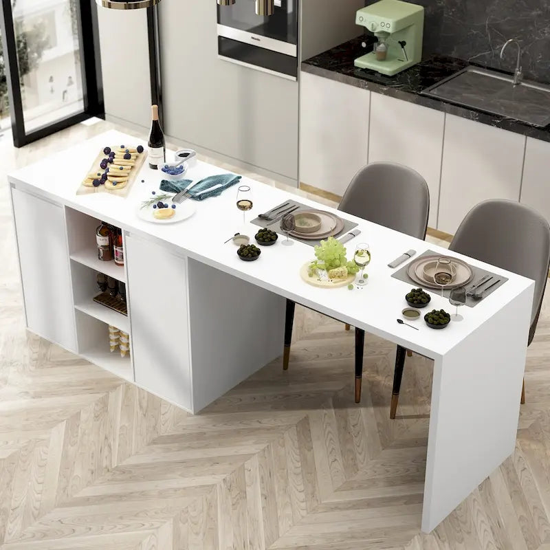 Îlot de cuisine blanc double face avec rangement, pour 6 à 8 personnes, 210 cm
