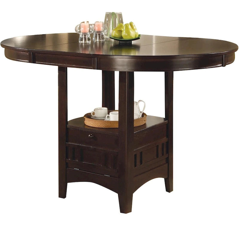 Table de salle à manger ovale-ronde de hauteur comptoir Espresso avec base de rangement, 4 à 6 places