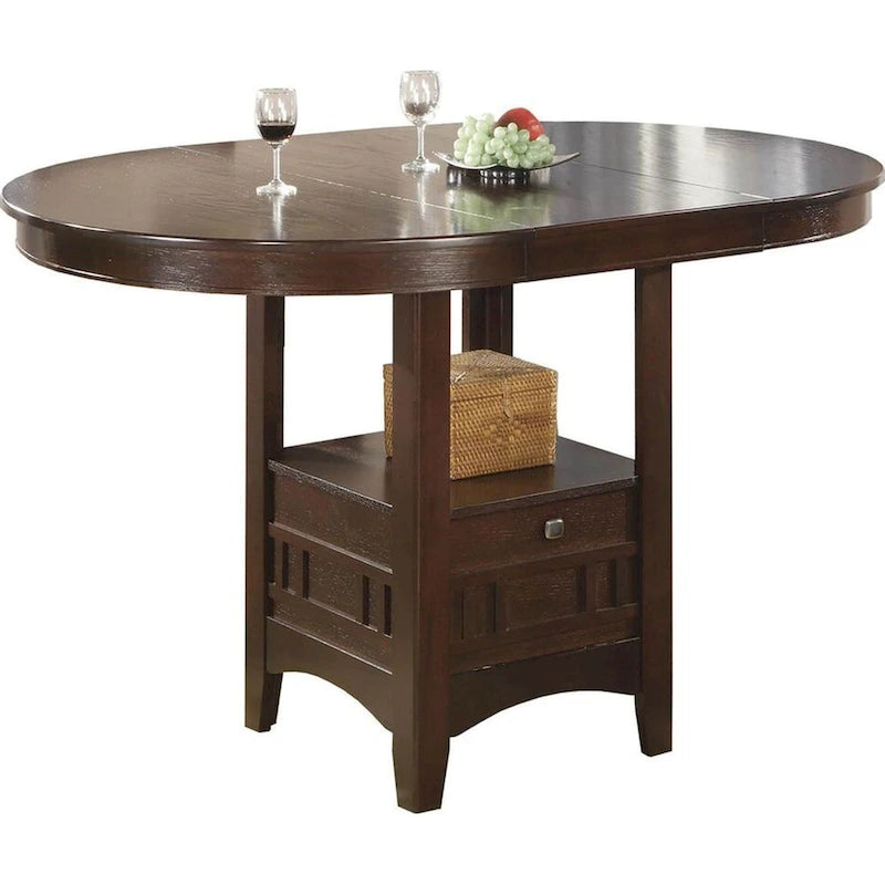 Table de salle à manger ovale-ronde de hauteur comptoir Espresso avec base de rangement, 4 à 6 places