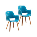 Chaise de salle à manger en cuir PU avec pieds en bois courbé, bleu/vert/blanc/noir, lot de 2