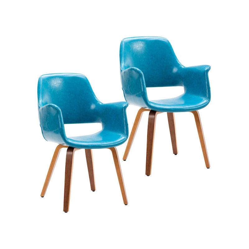 Chaise de salle à manger en cuir PU avec pieds en bois courbé, bleu/vert/blanc/noir, lot de 2