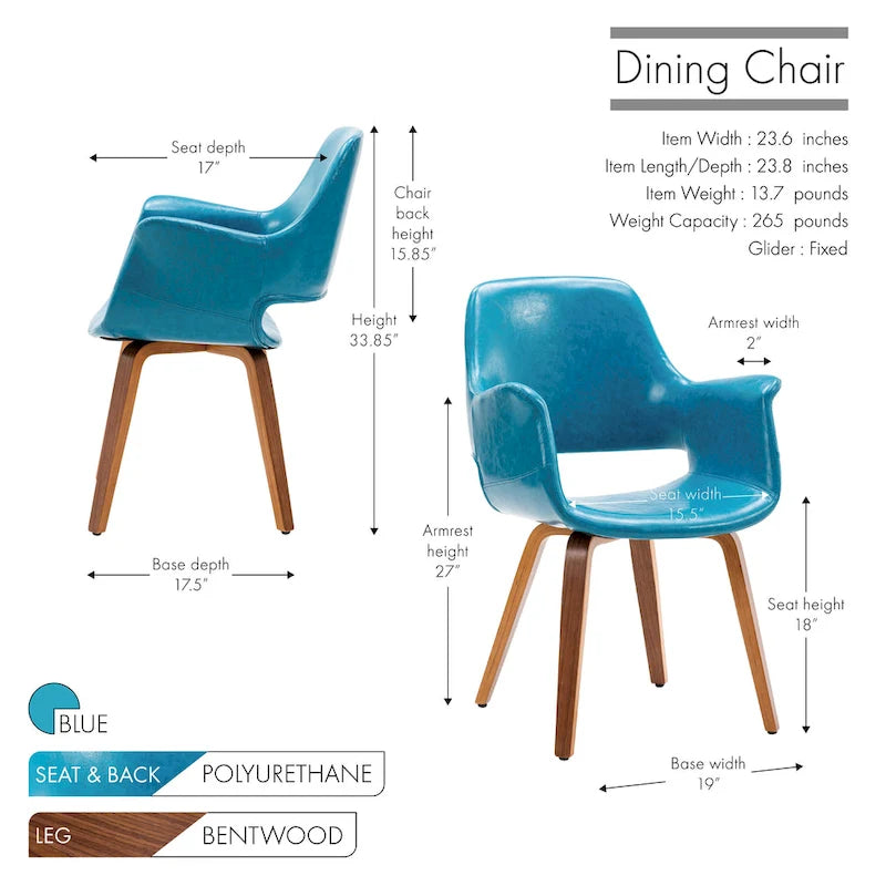 Chaise de salle à manger en cuir PU avec pieds en bois courbé, bleu/vert/blanc/noir, lot de 2