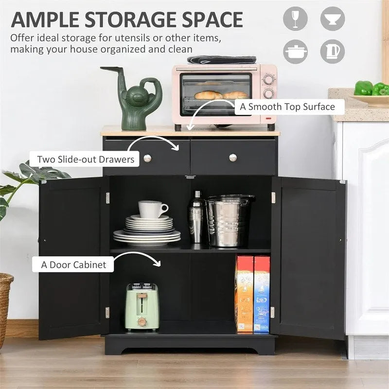 Buffet commode à 2 portes et 2 tiroirs – Noir vieilli / Brun rustique / Blanc / Gris