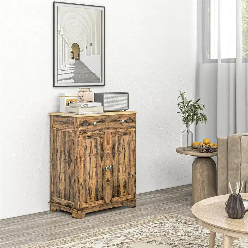 Buffet commode à 2 portes et 2 tiroirs – Noir vieilli / Brun rustique / Blanc / Gris