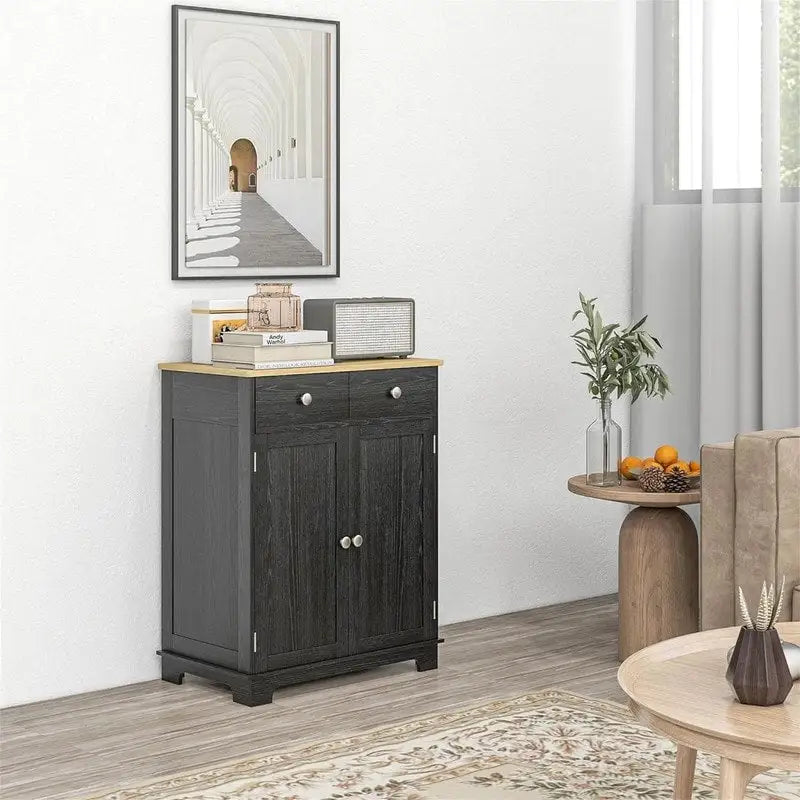 Buffet commode à 2 portes et 2 tiroirs – Noir vieilli / Brun rustique / Blanc / Gris