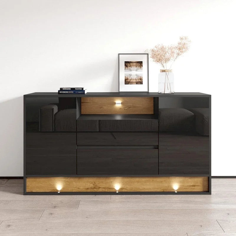 Buffet moderne 63" blanc/chêne et noir/chêne avec éclairage LED