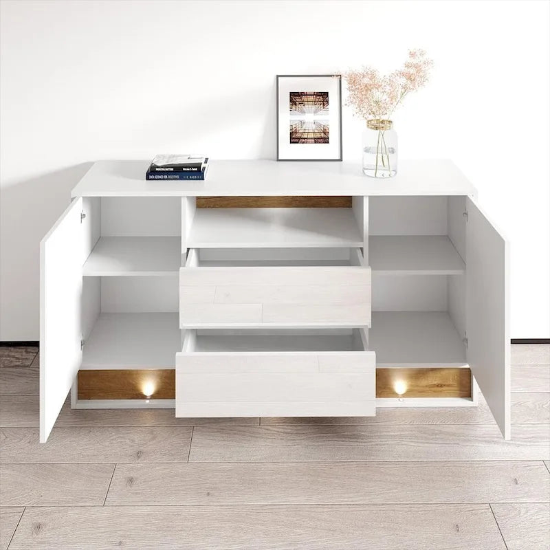 Buffet moderne 63" blanc/chêne et noir/chêne avec éclairage LED
