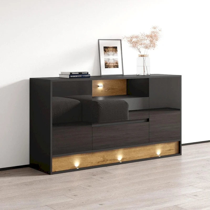 Buffet moderne 63" blanc/chêne et noir/chêne avec éclairage LED