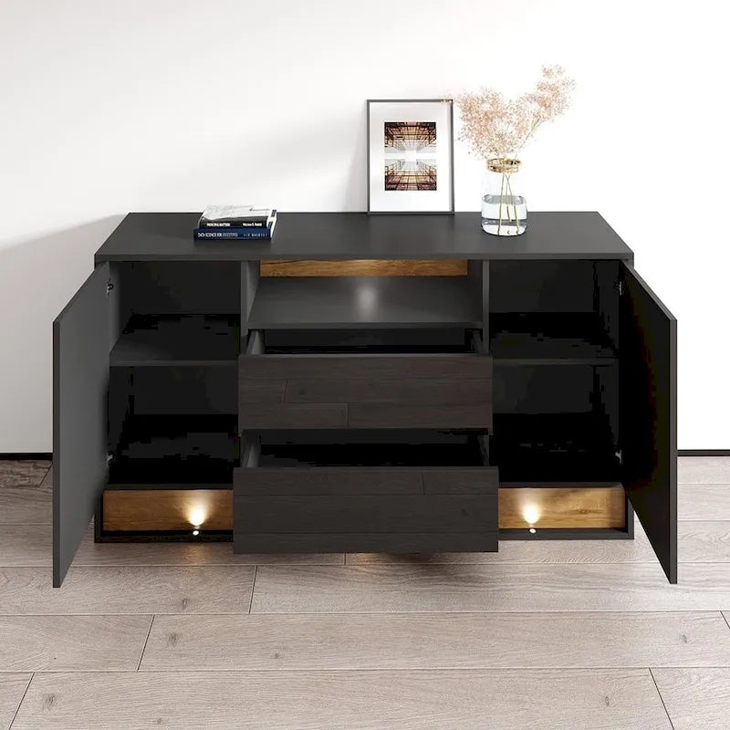Buffet moderne 63" blanc/chêne et noir/chêne avec éclairage LED