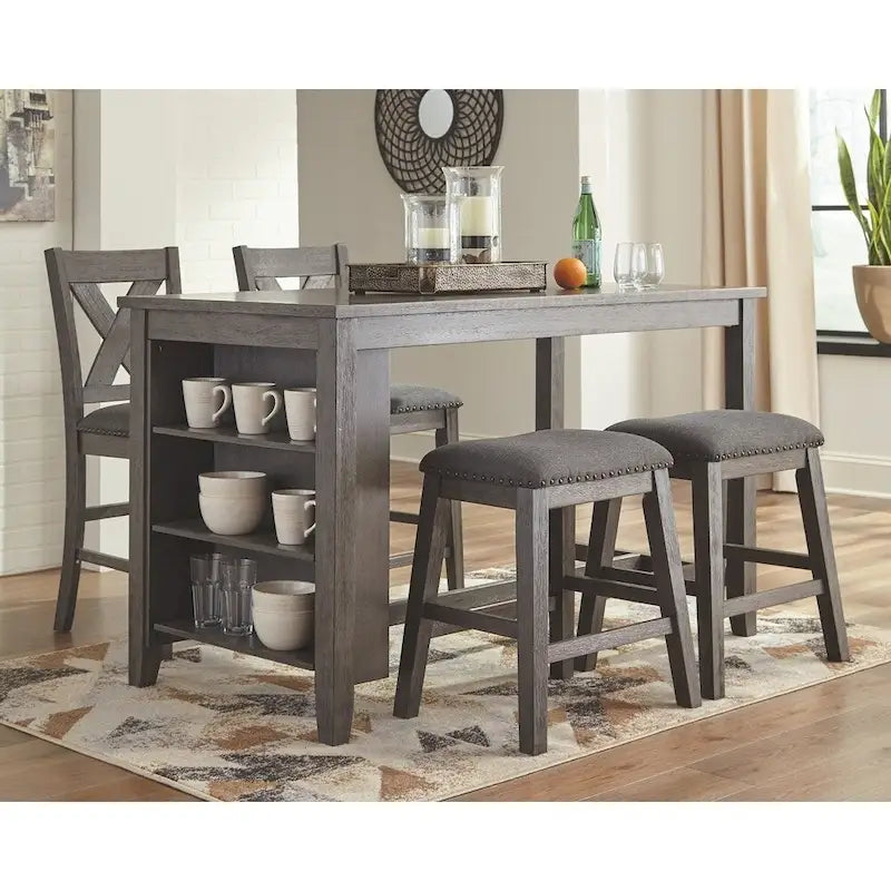 Table à manger rectangulaire grise à hauteur de comptoir avec rangement, pour 4 à 6 personnes