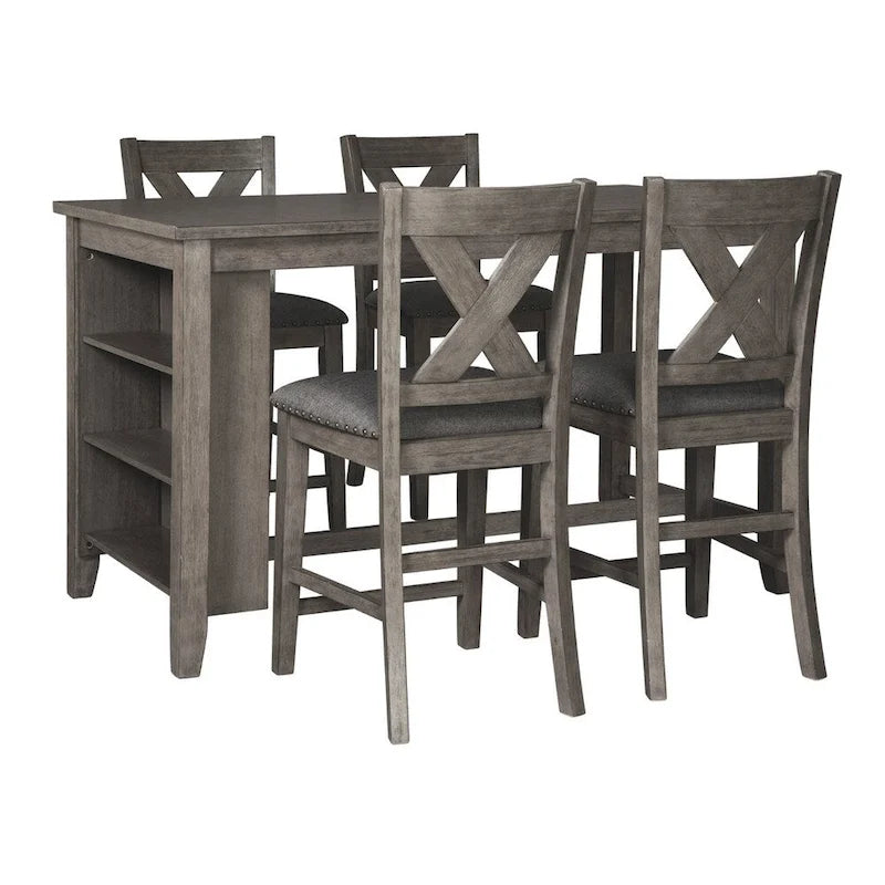 Table à manger rectangulaire grise à hauteur de comptoir avec rangement, pour 4 à 6 personnes