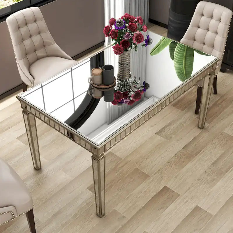 Table à manger rectangulaire miroir crème et or – Jusqu'à 8 places