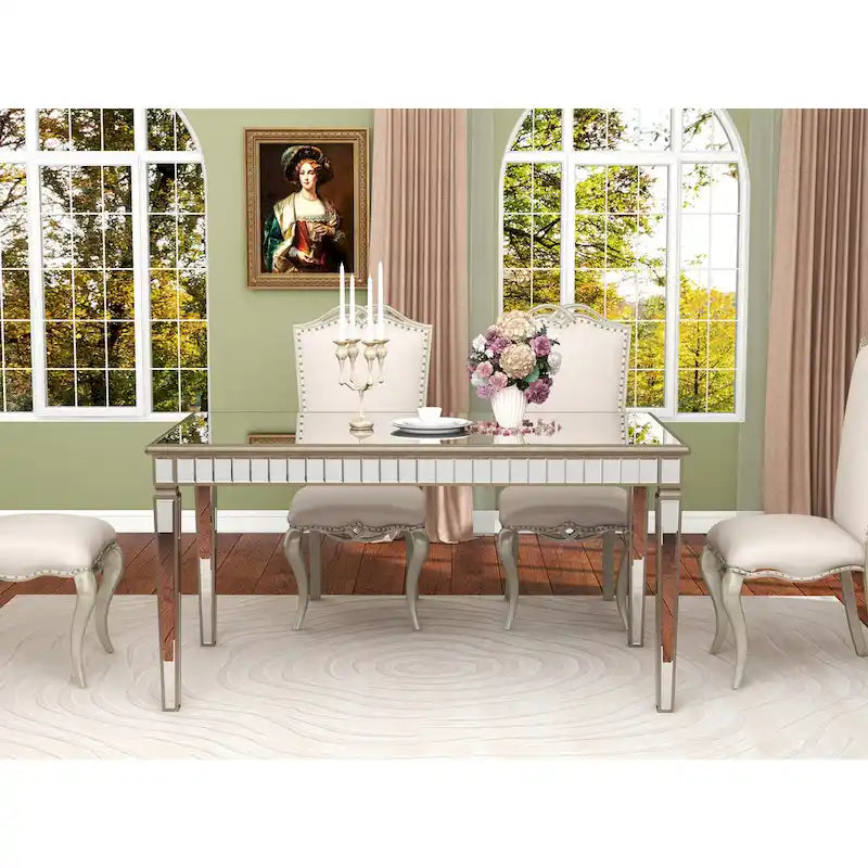 Table à manger rectangulaire miroir crème et or – Jusqu'à 8 places