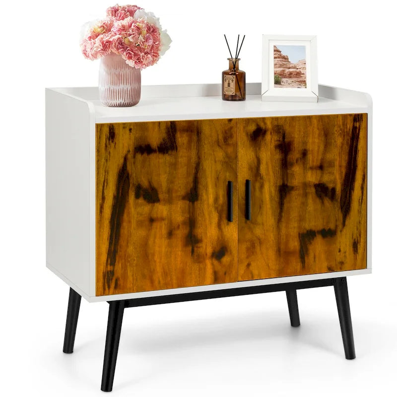 Meuble de rangement 2 portes blanc et brun rustique avec pieds en métal, 81×38×74 cm