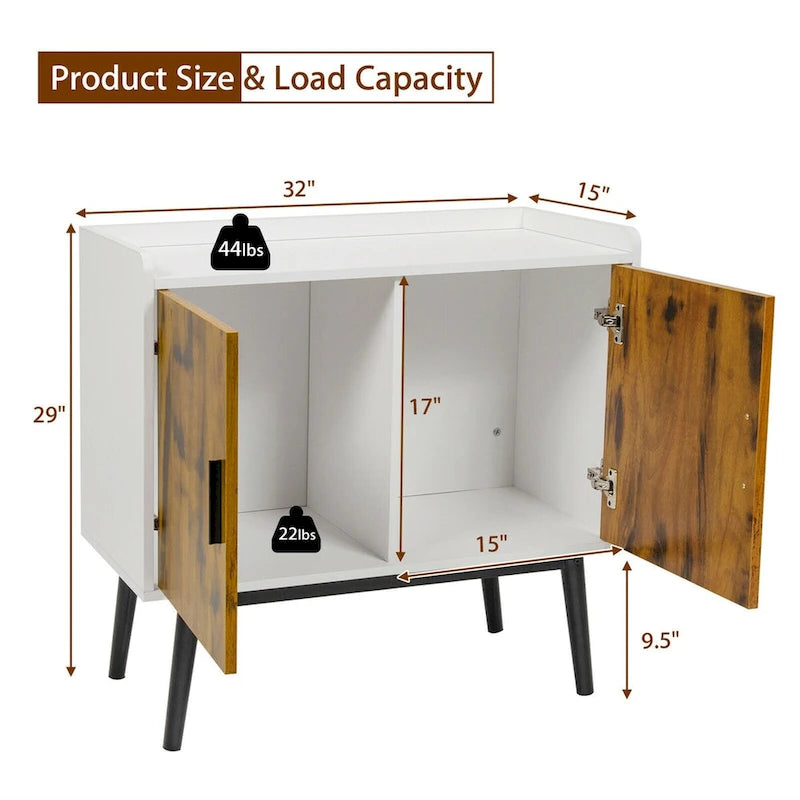 Meuble de rangement 2 portes blanc et brun rustique avec pieds en métal, 81×38×74 cm
