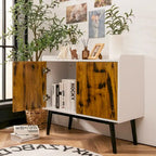 Meuble de rangement 2 portes blanc et brun rustique avec pieds en métal, 81×38×74 cm
