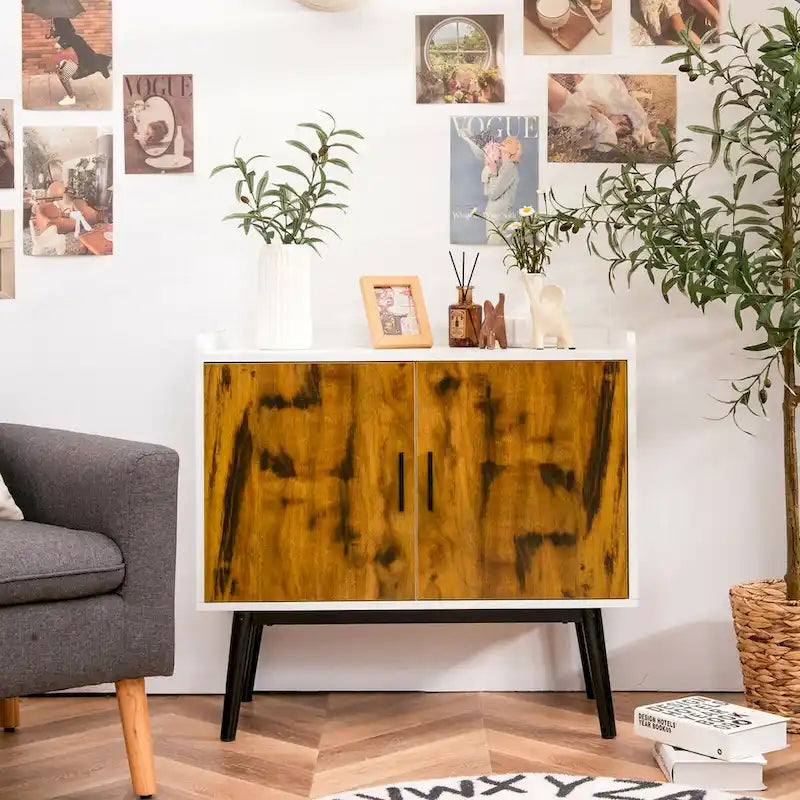 Meuble de rangement 2 portes blanc et brun rustique avec pieds en métal, 81×38×74 cm