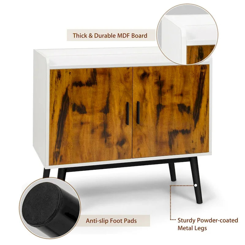 Meuble de rangement 2 portes blanc et brun rustique avec pieds en métal, 81×38×74 cm