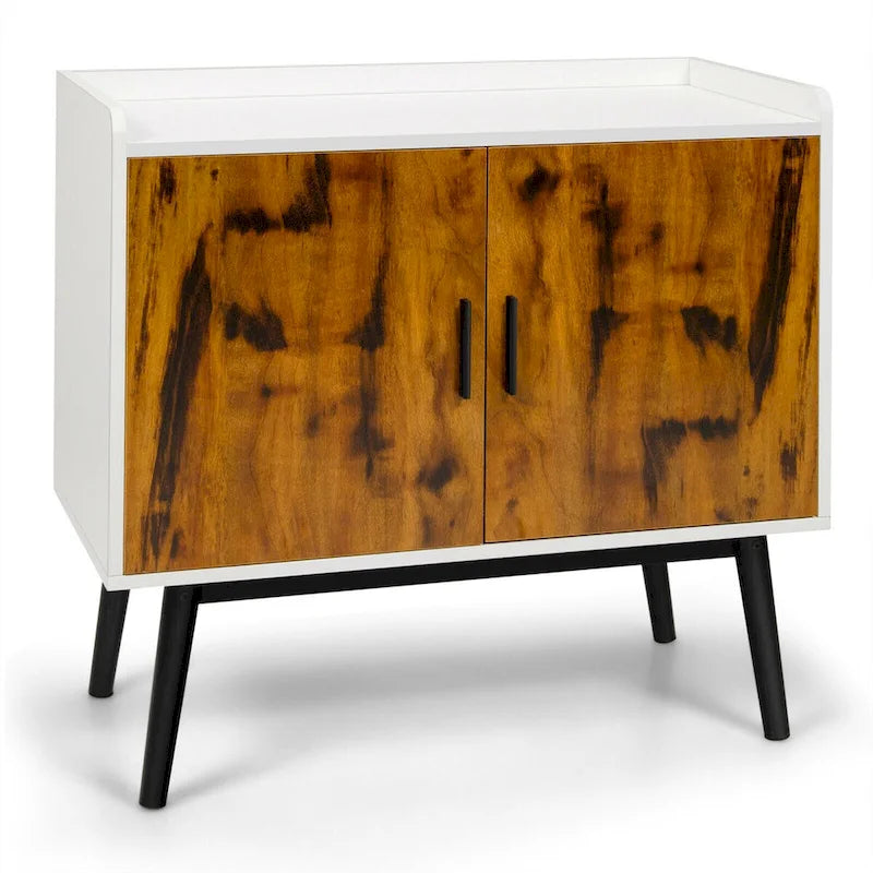 Meuble de rangement 2 portes blanc et brun rustique avec pieds en métal, 81×38×74 cm