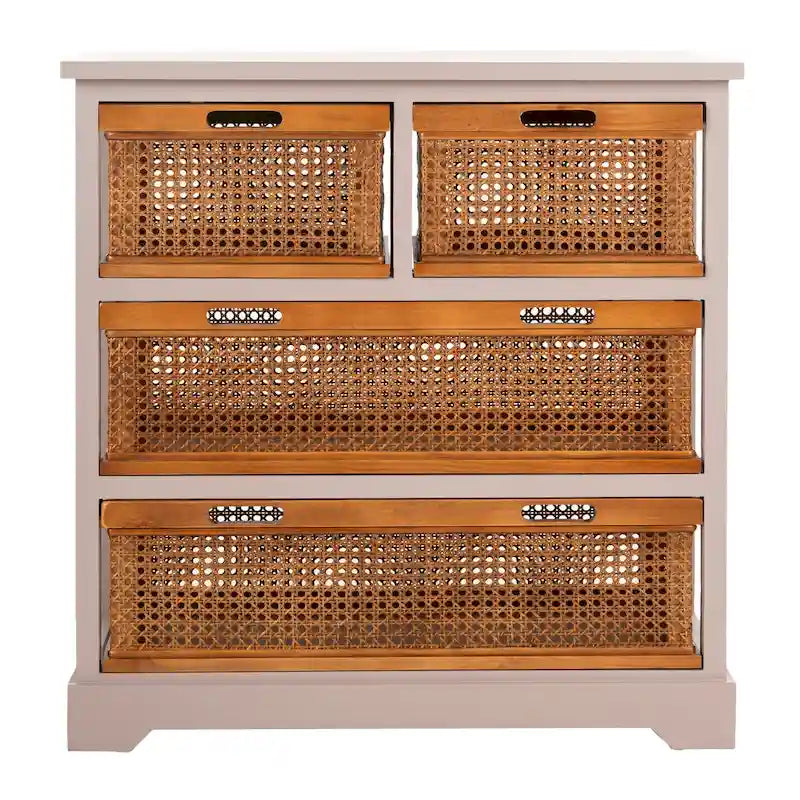 Meuble de rangement 4 tiroirs en cannage – Gris quartz / Orge / Noir antique