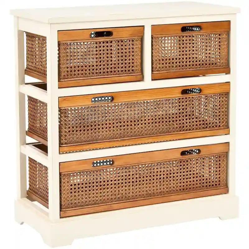 Meuble de rangement 4 tiroirs en cannage – Gris quartz / Orge / Noir antique