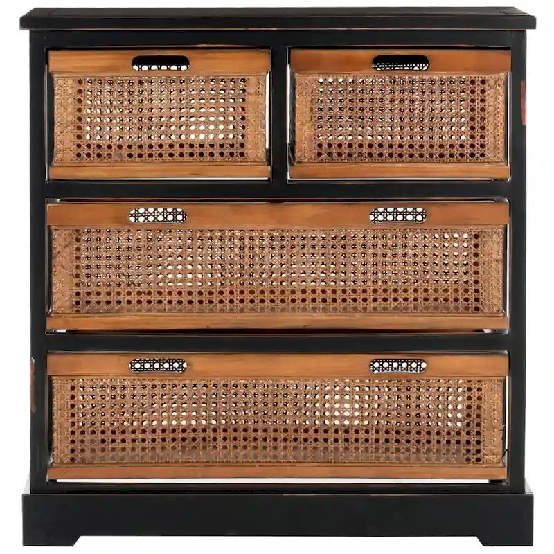 Meuble de rangement 4 tiroirs en cannage – Gris quartz / Orge / Noir antique
