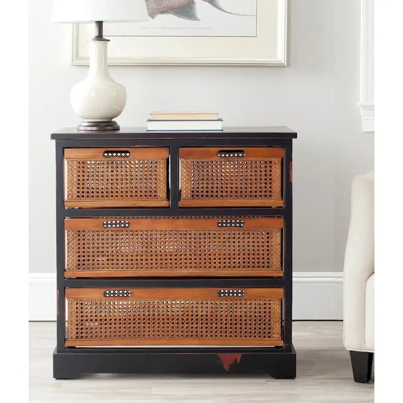 Meuble de rangement 4 tiroirs en cannage – Gris quartz / Orge / Noir antique