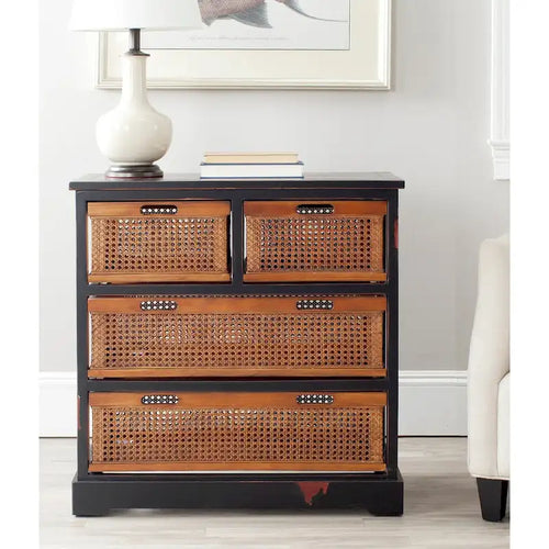 Meuble de rangement 4 tiroirs en cannage – Gris quartz / Orge / Noir antique