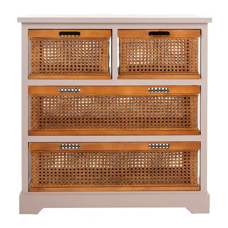 Meuble de rangement 4 tiroirs en cannage – Gris quartz / Orge / Noir antique