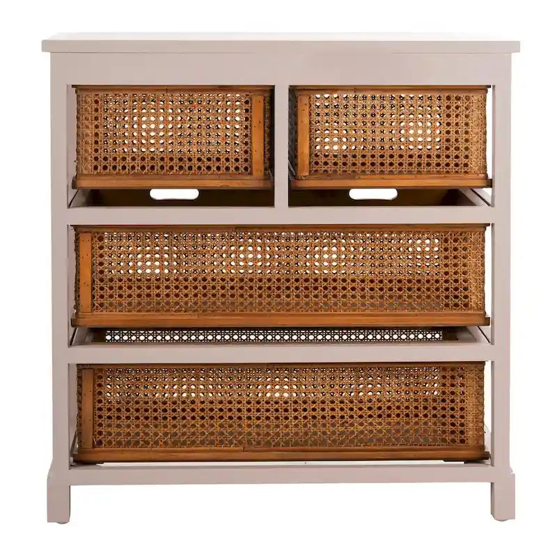 Meuble de rangement 4 tiroirs en cannage – Gris quartz / Orge / Noir antique