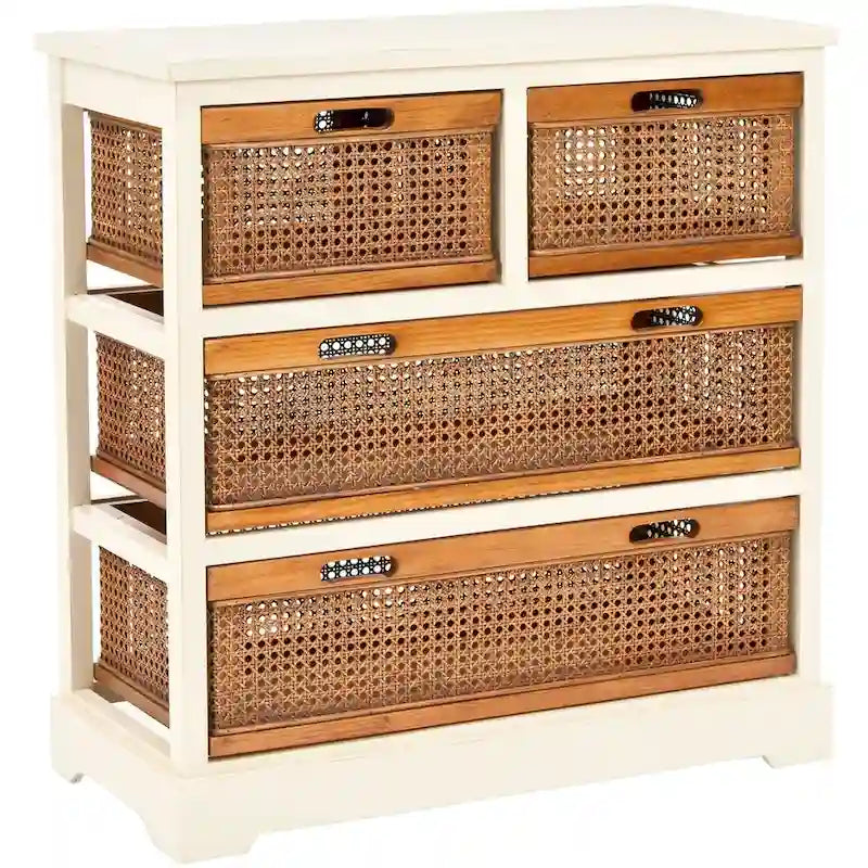 Meuble de rangement 4 tiroirs en cannage – Gris quartz / Orge / Noir antique