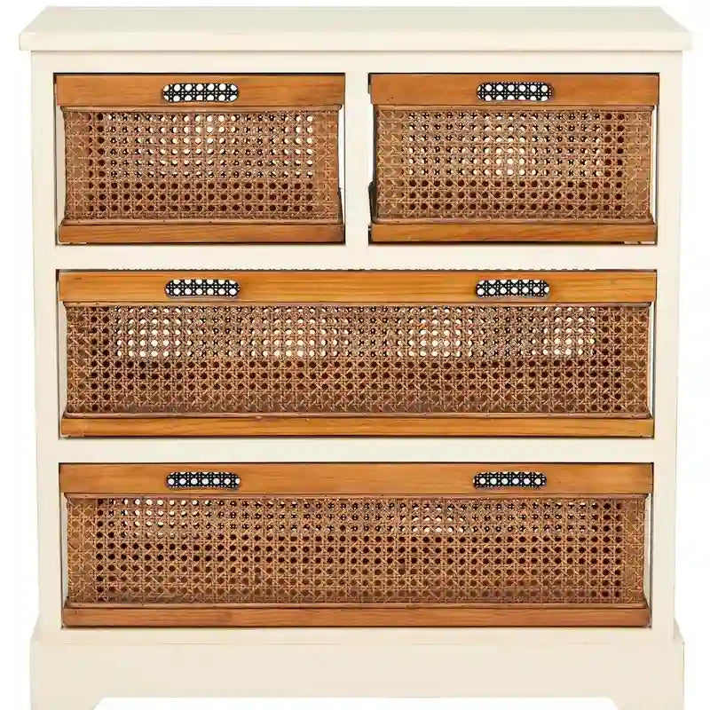 Meuble de rangement 4 tiroirs en cannage – Gris quartz / Orge / Noir antique