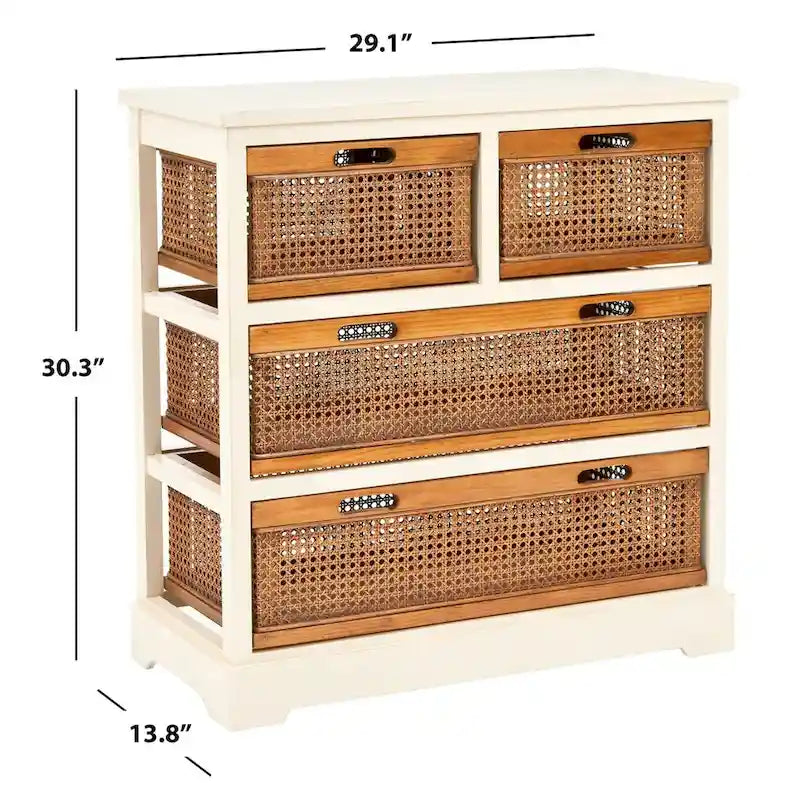 Meuble de rangement 4 tiroirs en cannage – Gris quartz / Orge / Noir antique