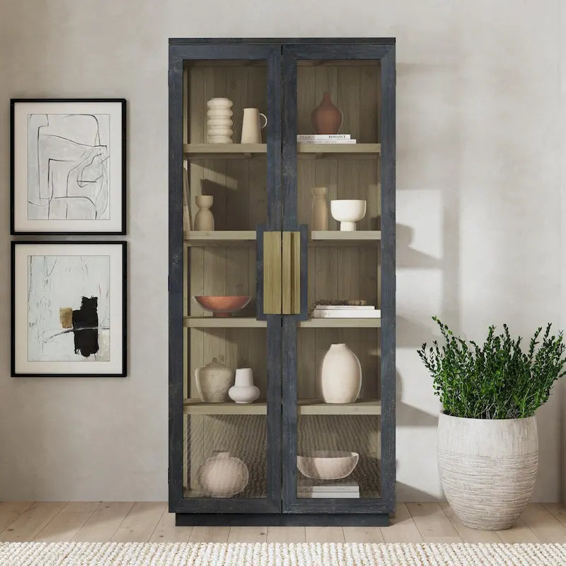 Vitrine en pin recyclé blanchi/noir, style transitoire, H 82 po, 1 place assise