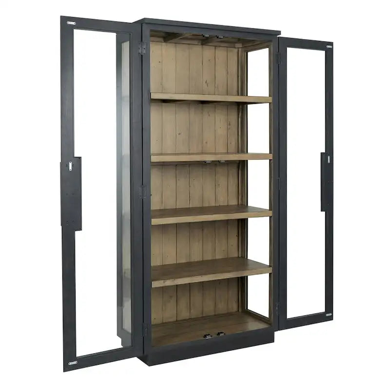 Vitrine en pin recyclé blanchi/noir, style transitoire, H 82 po, 1 place assise