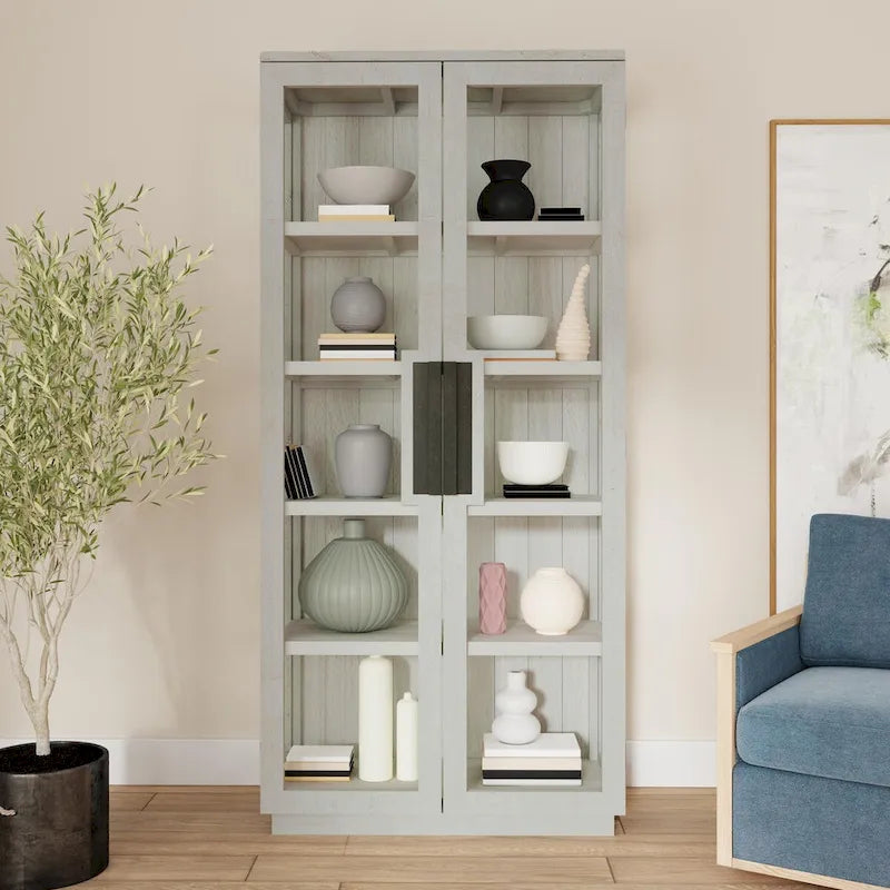 Vitrine en pin recyclé blanchi/noir, style transitoire, H 82 po, 1 place assise