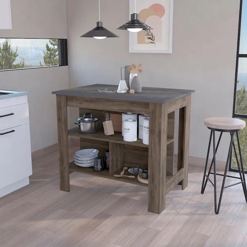 Îlot de cuisine en bois avec 3 étagères - Blanc / Marron / Noir