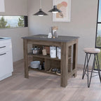 Îlot de cuisine en bois avec 3 étagères - Blanc / Marron / Noir
