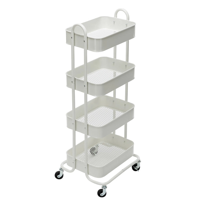 Chariot de rangement roulant en métal à 4 niveaux avec roulettes — Blanc / Rose / Noir / Rouge / Beige / Bleu / Gris, Pour 1 personne