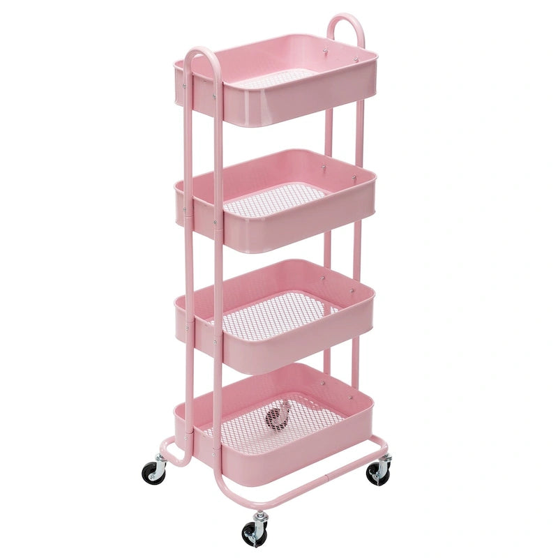 Chariot de rangement roulant en métal à 4 niveaux avec roulettes — Blanc / Rose / Noir / Rouge / Beige / Bleu / Gris, Pour 1 personne