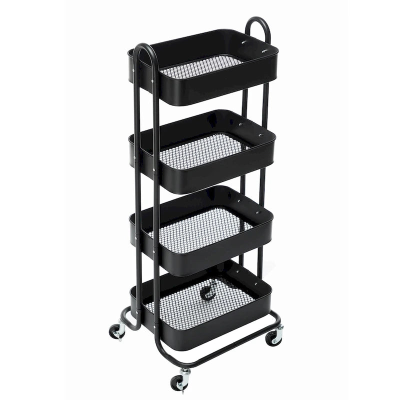 Chariot de rangement roulant en métal à 4 niveaux avec roulettes — Blanc / Rose / Noir / Rouge / Beige / Bleu / Gris, Pour 1 personne