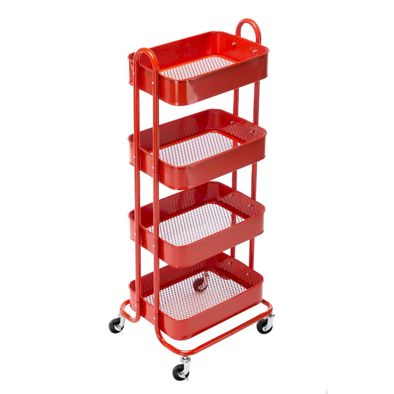 Chariot de rangement roulant en métal à 4 niveaux avec roulettes — Blanc / Rose / Noir / Rouge / Beige / Bleu / Gris, Pour 1 personne