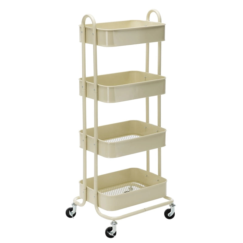 Chariot de rangement roulant en métal à 4 niveaux avec roulettes — Blanc / Rose / Noir / Rouge / Beige / Bleu / Gris, Pour 1 personne
