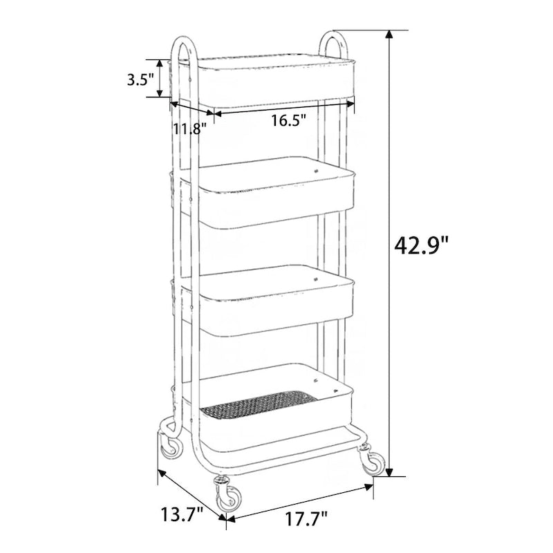 Chariot de rangement roulant en métal à 4 niveaux avec roulettes — Blanc / Rose / Noir / Rouge / Beige / Bleu / Gris, Pour 1 personne