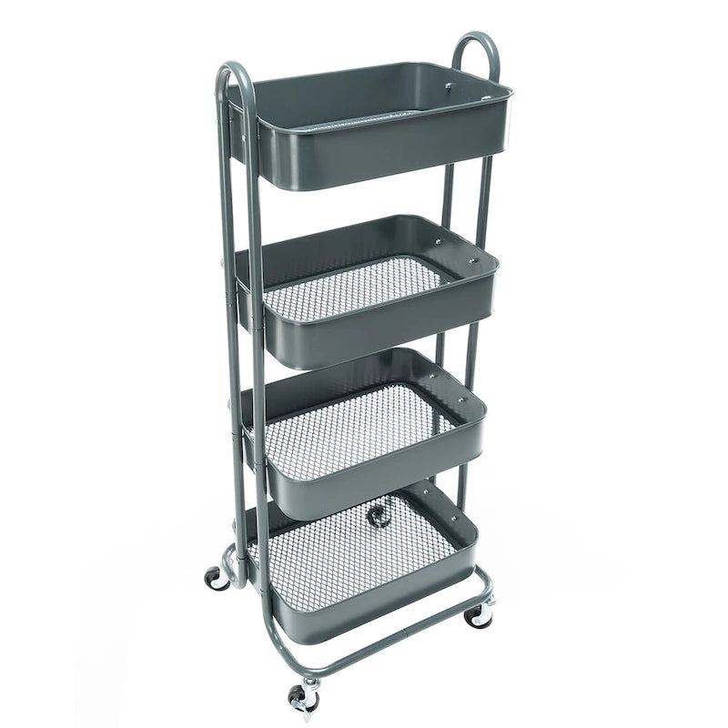 Chariot de rangement roulant en métal à 4 niveaux avec roulettes — Blanc / Rose / Noir / Rouge / Beige / Bleu / Gris, Pour 1 personne